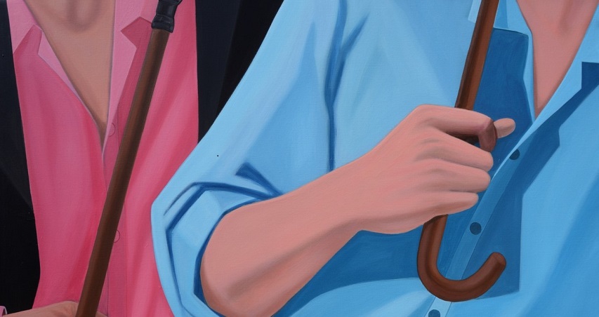 Darwin Estacio Martinez:(Detail) Men with umbrellas. Painting on canvas 